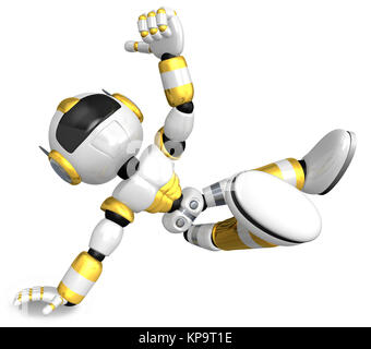 Gold Robot Character dancing is an intense dance with one arm. Create 3D Humanoid Robot Series. Stock Photo