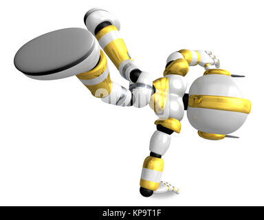 Gold Robot Character dancing is an intense dance with one arm. Create 3D Humanoid Robot Series. Stock Photo