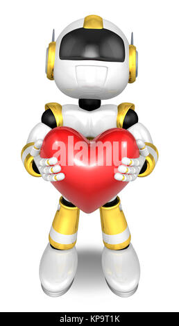 Gold robot Character is holding a heart with both hands. Create 3D Humanoid Robot Series. Stock Photo