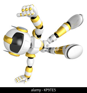 Vigorously dancing gold robot. 3D Robot Character Stock Photo