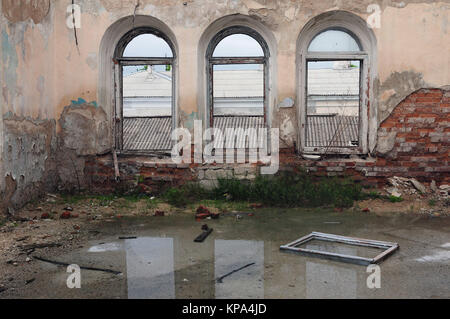 Old pink wall with flying paint, from under which is visible the ancient brickwork, three huge arched windows with broken windows, in a puddle there i Stock Photo