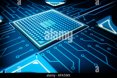 3d rendering of a dark blue motherboard with cpu Stock Photo