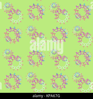 Abstract geometric background, seamless floral circle pattern in white, pink, violet, purple and blue shades on pastel green, ornate and dreamy Stock Photo