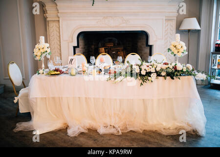 Just married table. Wedding table decoration in restaurant Stock Photo
