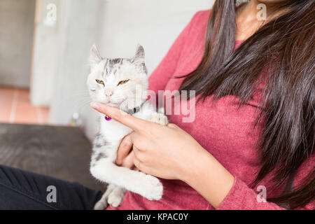 Woman with her kitten at home Stock Photo