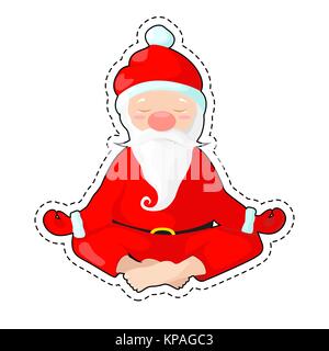 Sticker Santa Claus sits in lotus position. Santa Claus is engaged in yoga. Vector illustration in cartoon style. Happy New Year