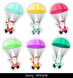 Set Santa Claus with a parachute. Vector illustration in cartoon style. Santa Claus isolated on white background. Christmas picture. Stock Vector
