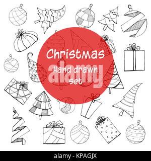 Hand drawn set of different objects for Christmas, New Year. Firs, gifts, Christmas toys. Vector illustration in sketch style. Stock Vector