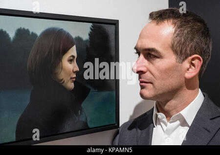 Edinburgh, Scotland, United Kingdom. 14 December, 2017.   Artist Thomas Ehretsmann and his painting Double Portrait at The BP Portrait Award 2017exhibition which opens at the Scottish National Portrait Gallery on 16 December 2017. Credit: Iain Masterton/Alamy Live News Stock Photo