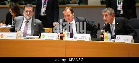 Brussels, Belgium. 14th Dec, 2017. From left Spain's Prime Minister Mariano Rajoy, Swedish Prime Minister Stefan Lofven and Czech PM Andrej Babis attend EU summit at the Europa building in Brussels, Belgium, December 14, 2017. Credit: Jakub Dospiva/CTK Photo/Alamy Live News