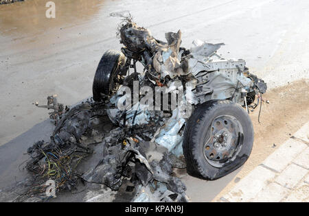 Damascus, Syria. 14th Dec, 2017. Wreckage of a car bomb is seen in Damascus, capital of Syria, on Dec. 14, 2017. The Syrian authorities foiled a suicide car bombing in the capital Damascus Thursday, a day after the army forces and the Islamic State (IS) militants fought south of the capital, according to state news agency SANA. Credit: Ammar Safarjalani/Xinhua/Alamy Live News Stock Photo