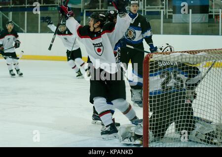 Dumfries, Scotland, 14 December 2017. Celebrations for Japan as they score in their 2018 IIHF Ice Hockey U20 World Championship Division II, Group A match against Estonia in Dumfries Credit: Colin Edwards/Alamy Live News. Stock Photo