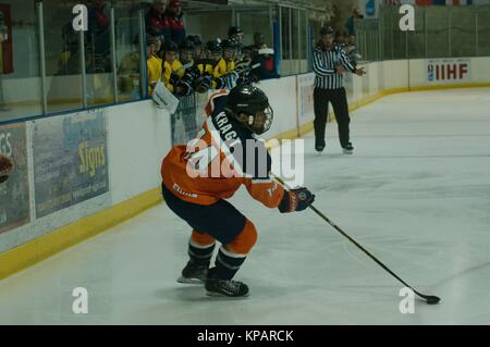 Dumfries, Scotland, 14 December 2017. Sebastian Kragt of Netherlands playing against Romania in the 2018 IIHF Ice Hockey U20 World Championship Division II, Group A in Dumfries. Credit: Colin Edwards/Alamy Live News. Stock Photo