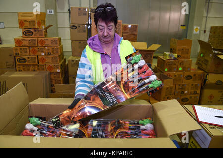 Bremerhaven, Germany. 14th Dec, 2017. A worker of Comet Feuerwerk GmbH, a company for pyrotechnics, prepares the loaded boxes for transport in the gigantic storage halls in Bremerhaven, Germany, 14 December 2017. This is the peak period of time for the logistics department of the company. Comet Feuerwerk gets its main revenue during the three last work days of December. Credit: Carmen Jaspersen/dpa/Alamy Live News Stock Photo