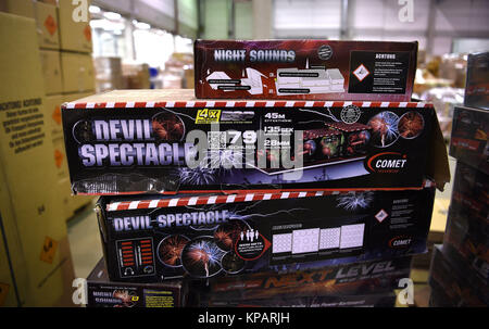 Bremerhaven, Germany. 14th Dec, 2017. Boxes with fireworks lie around in the storage halls of the company Comet Feuerwerk GmbH, a company for pyrotechnics in Bremerhaven, Germany, 14 December 2017. This is the peak period of time for the logistics department of the company. Comet Feuerwerk gets its main revenue during the three last work days of December. Credit: Carmen Jaspersen/dpa/Alamy Live News Stock Photo