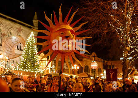 Chester, UK. 14th December 2017. Performers take part in the annual Winter Watch parade through the city centre. The parade involves musicians, street theatre and costume performances with characters including angels, devils, skeletons and dragons. Credit: Andrew Paterson/Alamy Live News Stock Photo