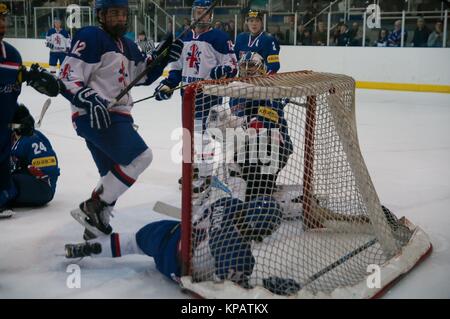 Dumfries, Scotland, 14 December 2017. Great Britain threaten the Korean net in the 2018 IIHF Ice Hockey U20 World Championship Division II, Group A match in Dumfries. Credit: Colin Edwards/Alamy Live News. Stock Photo