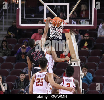 Los Angeles, CA, USA. 14th Dec, 2017. Santa Clara Broncos guard Shaquille Walters (22) dunking on USC Trojans guard Elijah Stewart (30) during the Santa Clara Broncos vs USC Trojans at Galen Center on December 14, 2017. (Photo by Jevone Moore/Cal Sport Media (Network Television please contact your Sales Representative for Television usage. Credit: csm/Alamy Live News Stock Photo