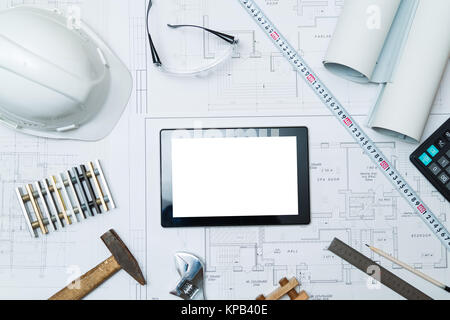 Construction blueprints with tools and tablet, top view Stock Photo