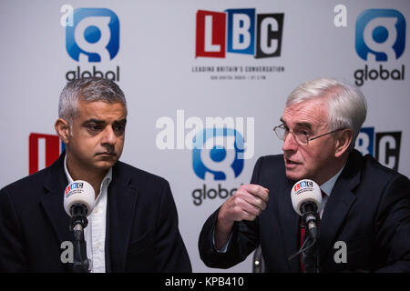 London, UK. 22nd November, 2017. Sadiq Khan, Mayor of London, and John McDonnell MP, Shadow Chancellor, give their opinions on Chancellor of the Exche Stock Photo