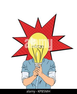 Illustration in pop art style of man with drawing lamp, idea concept Stock Vector