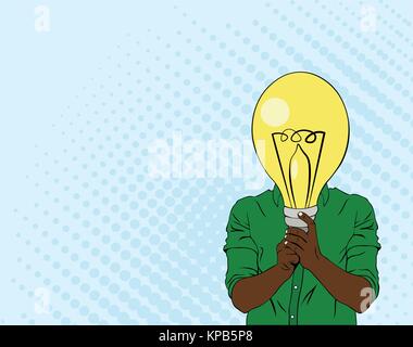 Illustration in pop art style of man with drawing lamp, idea concept Stock Vector