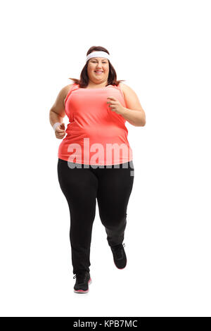 Full length portrait of an overweight woman running isolated on white background Stock Photo