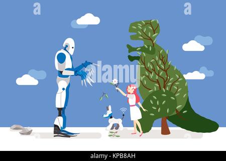 vector illustration about artificial intelligence and his risks.  A little innocent girl interacts with a gardener robot and offers him a flower Stock Vector