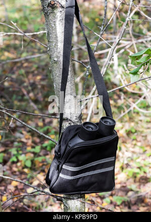 In woods on fallen leaves is a case for binoculars and binoculars. Stock Photo