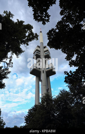 The Zizkov Television Tower with sculptures by Czech artist David Cerny called 'Miminka' (Babies) in Prague, Czech Republic Stock Photo