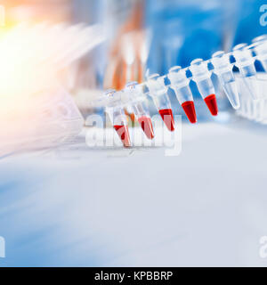 Square scientific background with text space in blue and red. Closeup on plastic tubes for DNA analysis with PCR. Space for your text. Stock Photo