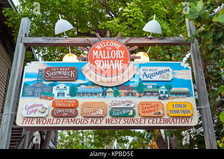 Welcome to Mallory Square  Where the Sun Sets & the Fun Begins outdoor sign, Key West, Florida Stock Photo