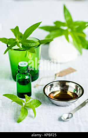 Lemon Verbena essential oil and leaves on the wooden board