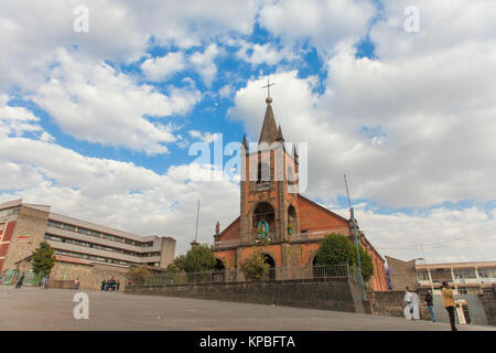 ETHIOPIA ADDIS ABABA DECEMBER 12, 2013. Catholic church against the sky in Enhiopia Addis Ababa, Decemder 12, 2013. Stock Photo