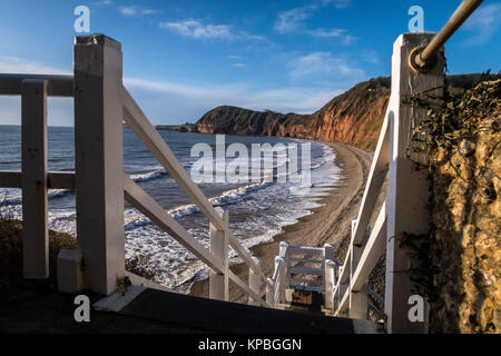 View from Jacob's Ladder towards the west beach and red sandstone cliffs at Sidmouth, in Devon. Stock Photo