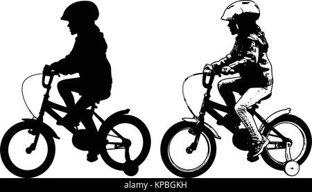 little girl riding bicycle silhouette and sketch illustration - vector Stock Vector