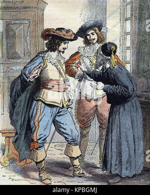 'The Three Musketeers' by Alexandre Dumas : Athos and Artagnan sell the sapphire ring adorned with the jew - XIX th century illustration Stock Photo