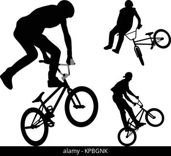 bmx stunt cyclists silhouettes - vector Stock Vector