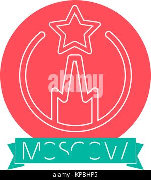 Moscow -Russia- Line Icon With Caption on Ribbon Banner. Moscow Emblem, Landmark, Vector Symbol. Moscow Kremlin Thin Line Icon Stock Vector