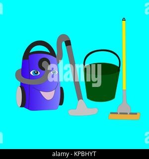 Smiling vacuum cleaner, bucket and mop isolated on blue background. Stock Vector
