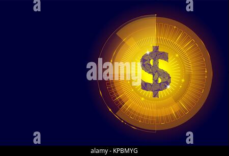 Golden dollar target HUD graph interface display. American currency symbol low poly geometric blue icon international finance business concept e-commerce hologram glow vector illustration Stock Vector