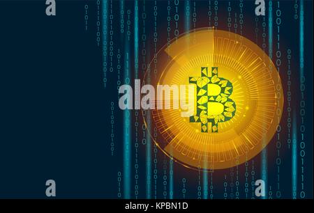Golden bitcoin sign cryptocurrency in hud target. Low poly geometric finance e-commerce online pay blockchain system gold color black binary code background vector illustration Stock Vector
