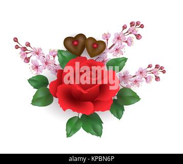 Realistic Valentine Day set red rose chocolate flower. Pink cherry sakura spring blossom heart shape candy romantic gift date present love. 3d vector illustration Stock Vector