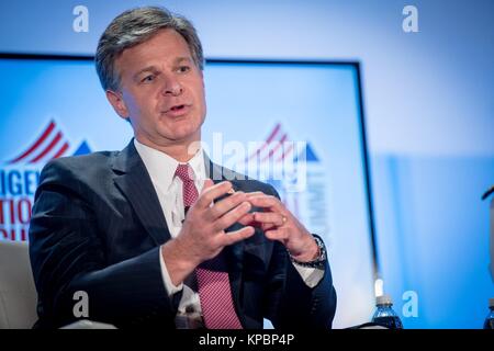 U.S. Federal Bureau of Investigation (FBI) Director Christopher Wray speaks during the Intelligence and National Security Alliance Summit at the Walter E. Washington Convention Center September 7, 2017 in Washington, DC. Stock Photo