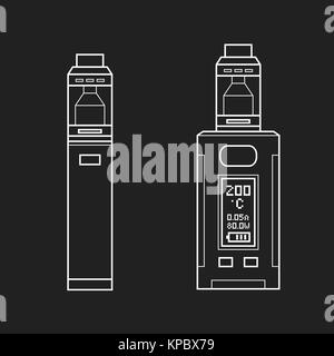 vector white monochrome outline illustrations various types vaporizer mechanical and box mods illustrations isolated on dark background Stock Vector