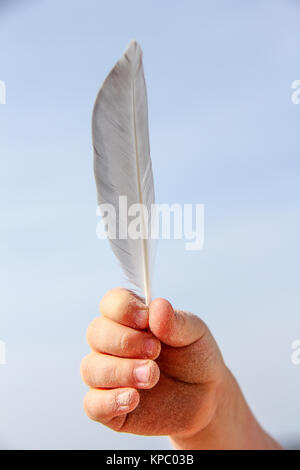 feather in sandy kid hand sea view Stock Photo