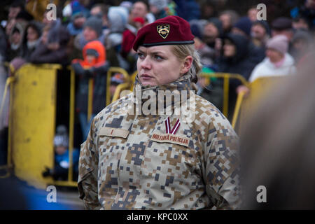 November 18, 2017. Portret of Latvian military police soldier women. NATO soldiers at military parade in Riga, Latvia. Stock Photo