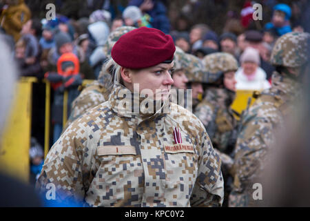 November 18, 2017. Portret of Latvian military police soldier women. NATO soldiers at military parade in Riga, Latvia. Stock Photo