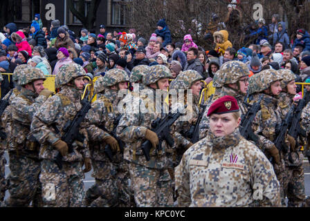 November 18, 2017. Portret of Latvian military police soldier women. NATO soldiers at military parade in Riga, Latvia. Stock Photo