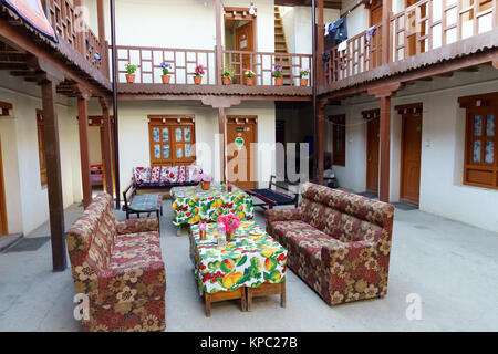 Interior courtyard of the Lotus Holiday Inn hotel, Lo Mantang, Upper Mustang, Nepal. Stock Photo